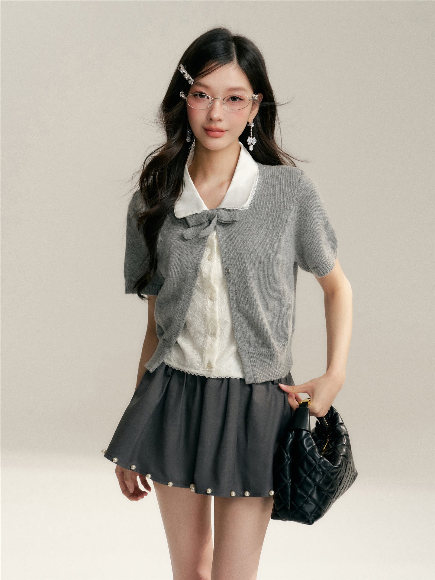 16DEWS 16D26065 Color blocking doll collar fake two-piece knitted short sleeved shirt