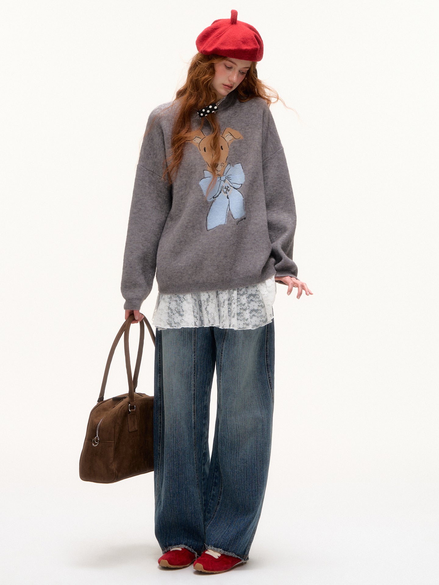 AsGony ASG25378 Bow puppy jacquard round neck pullover sweater