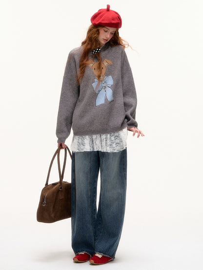 AsGony ASG25378 Bow puppy jacquard round neck pullover sweater