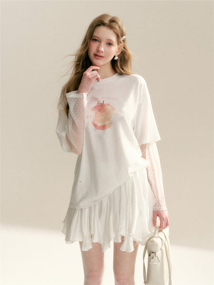 16DEWS 16D26042 Lace patchwork fake two piece long sleeved T-shirt