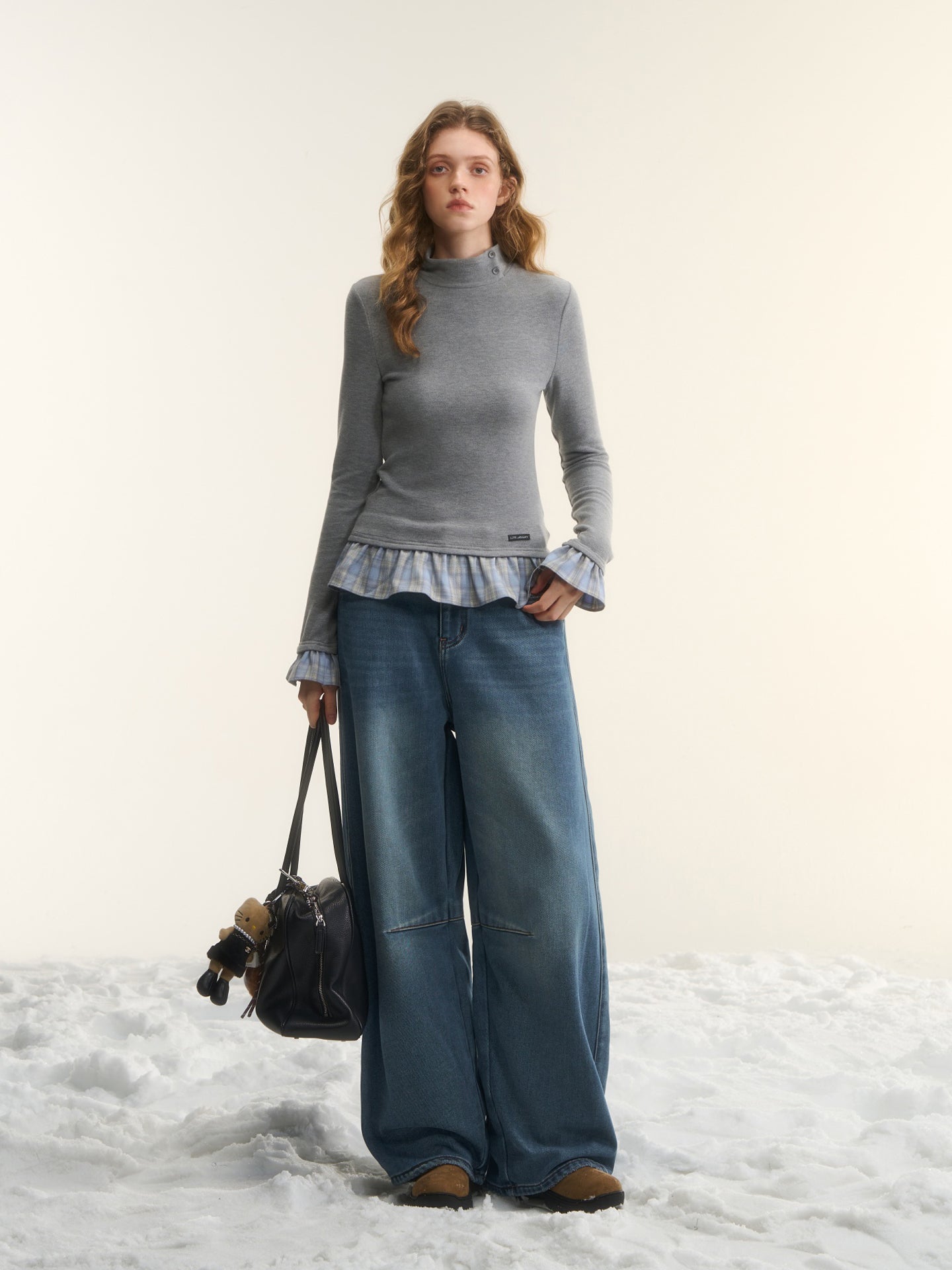 AsGony ASG25561 Wool stand collar with grid splicing and slim fit base top