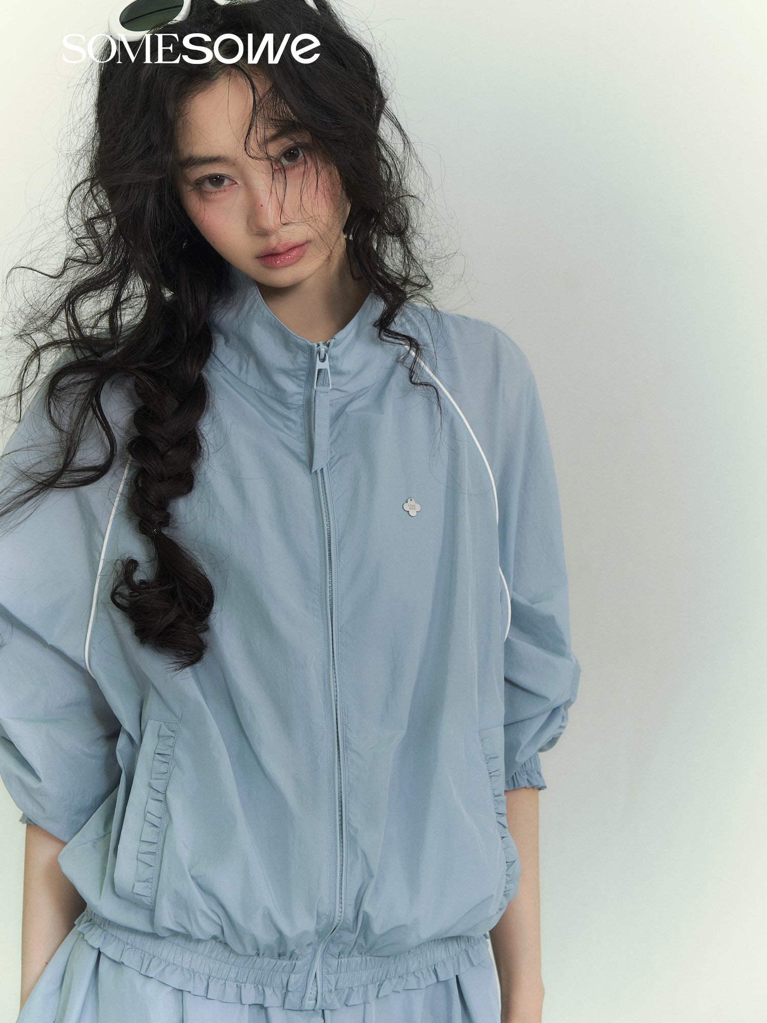SOMESOWE S2609061&amp;S2609062 Splicing stand up collar casual jacket + floral camisole dress