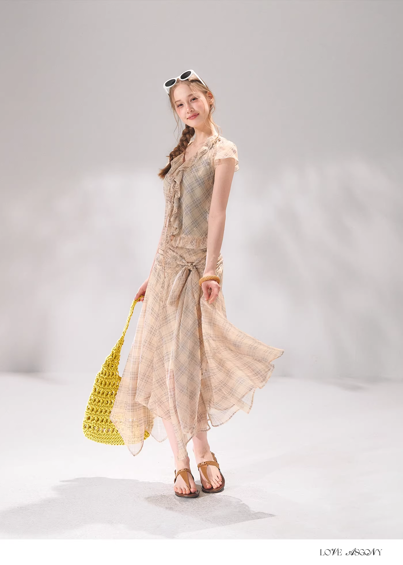 AsGony ASG26065&amp;ASG26066 Tie up plaid chiffon top + skirt