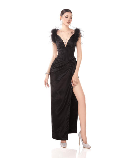 Mael Femme Black Fur Maxi Dress