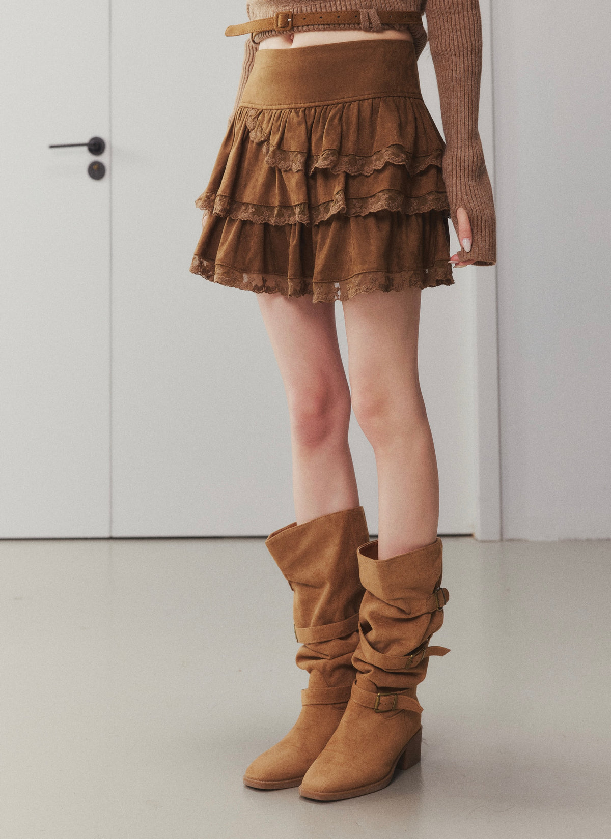 OTEBANBASS Ote260913 Lace Panel Suede Tiered Cake Skirt