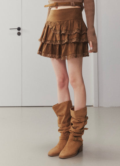 OTEBANBASS Ote260913 Lace Panel Suede Tiered Cake Skirt