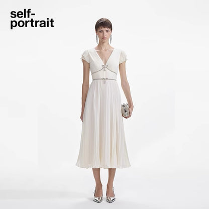 Self-Portrait CREAM CHIFFON PLEATED MIDI DRESS