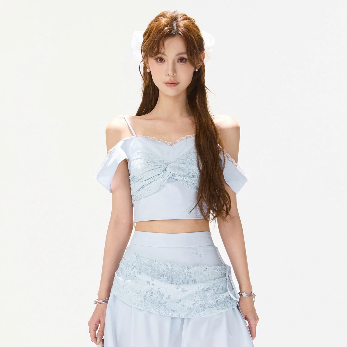 CYNR Lace Off Shoulder Top and Shorts Set