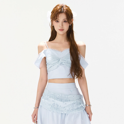 CYNR Lace Off Shoulder Top and Shorts Set