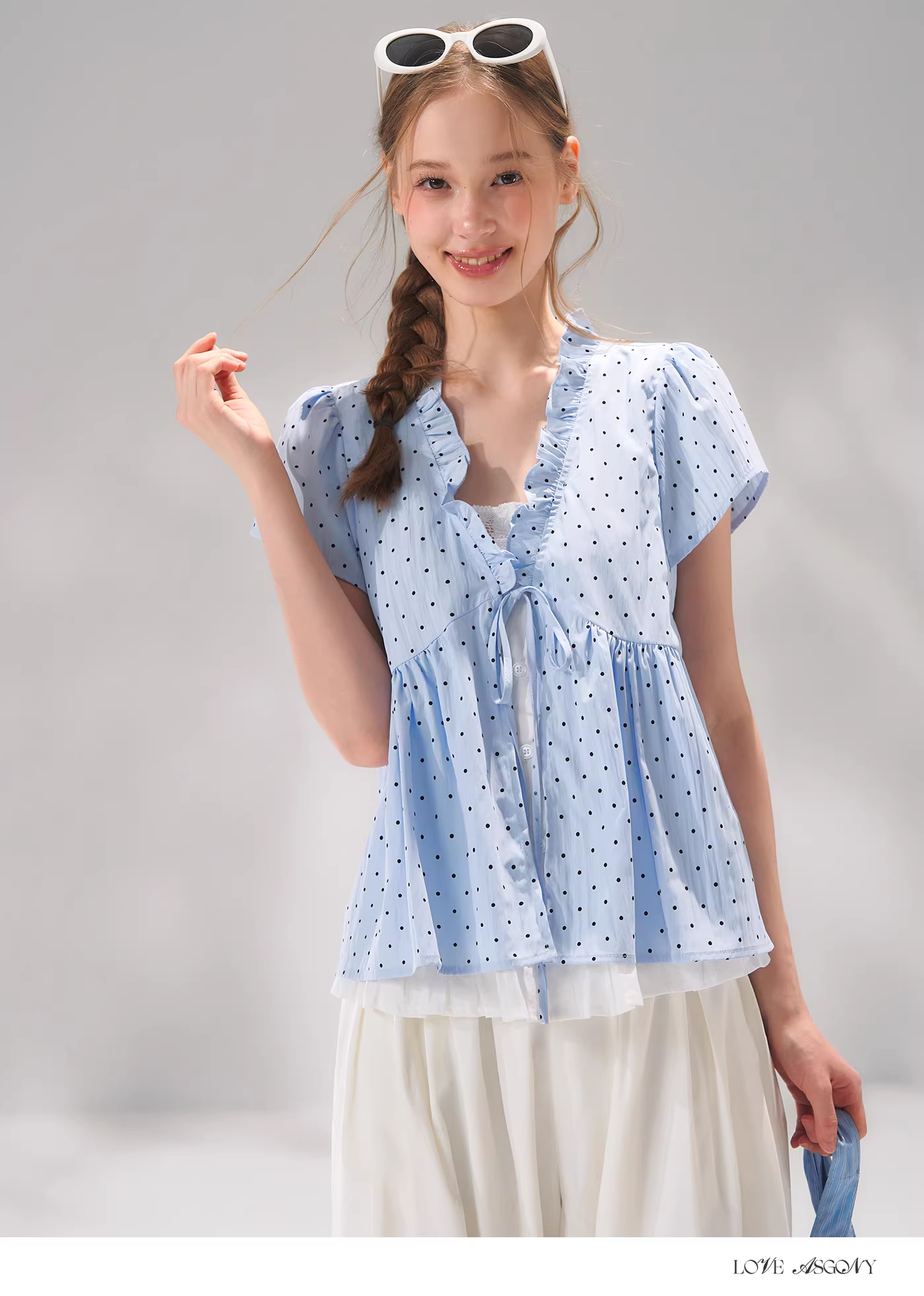 AsGony ASG26055 Fake two piece polka dot short sleeved shirt