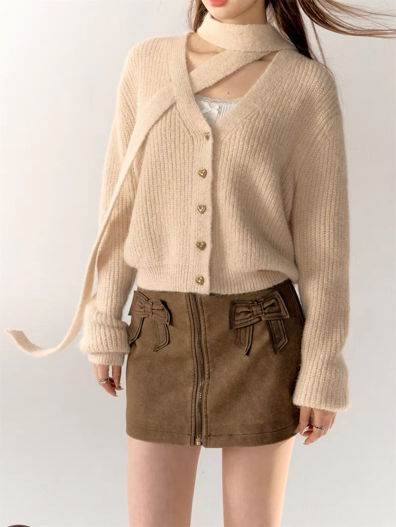 AsGony Heart Button Cardigan(with ribbon)