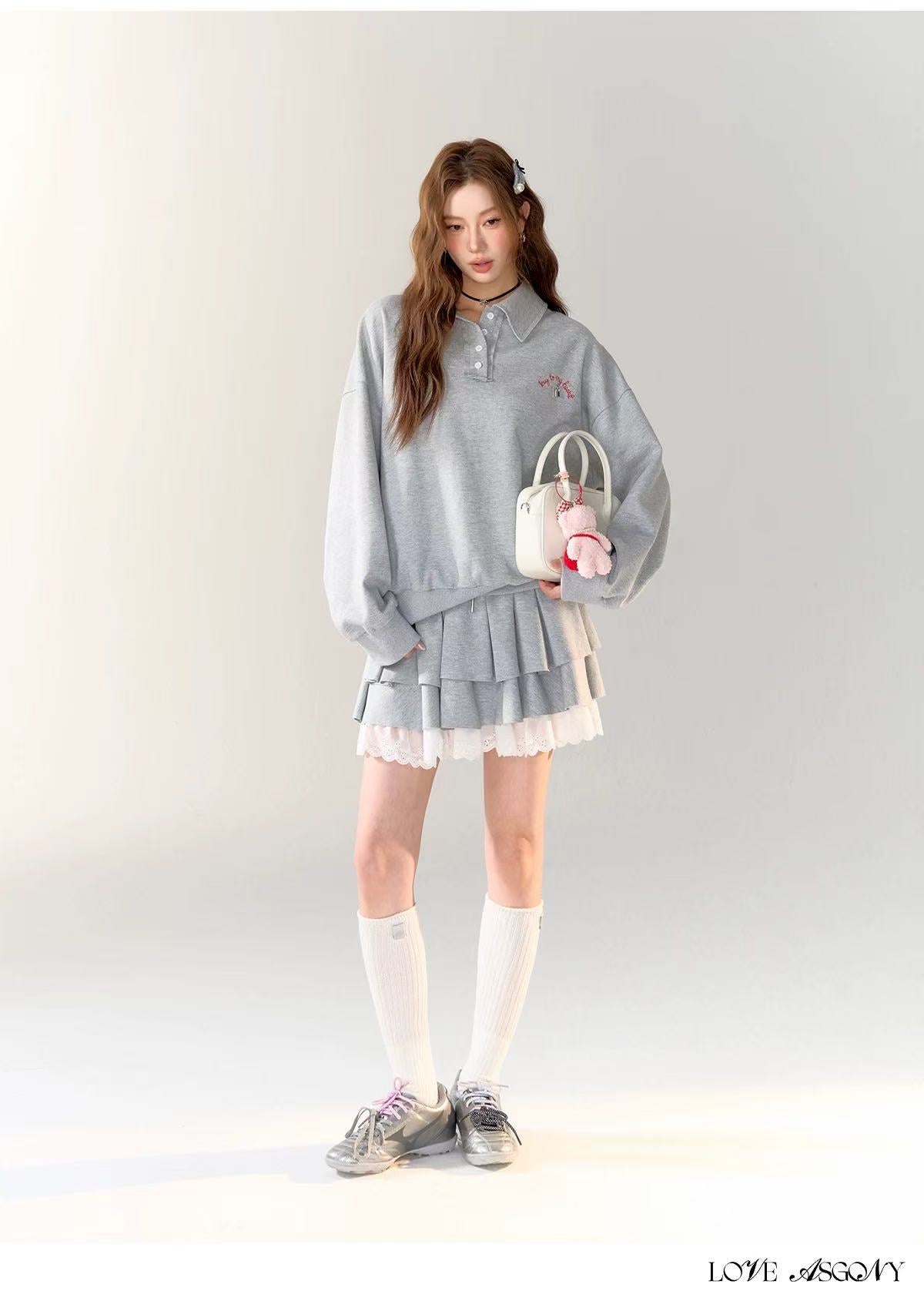 AsGony ASG24710 ASG24711 Preppy style hoodie + skirt set