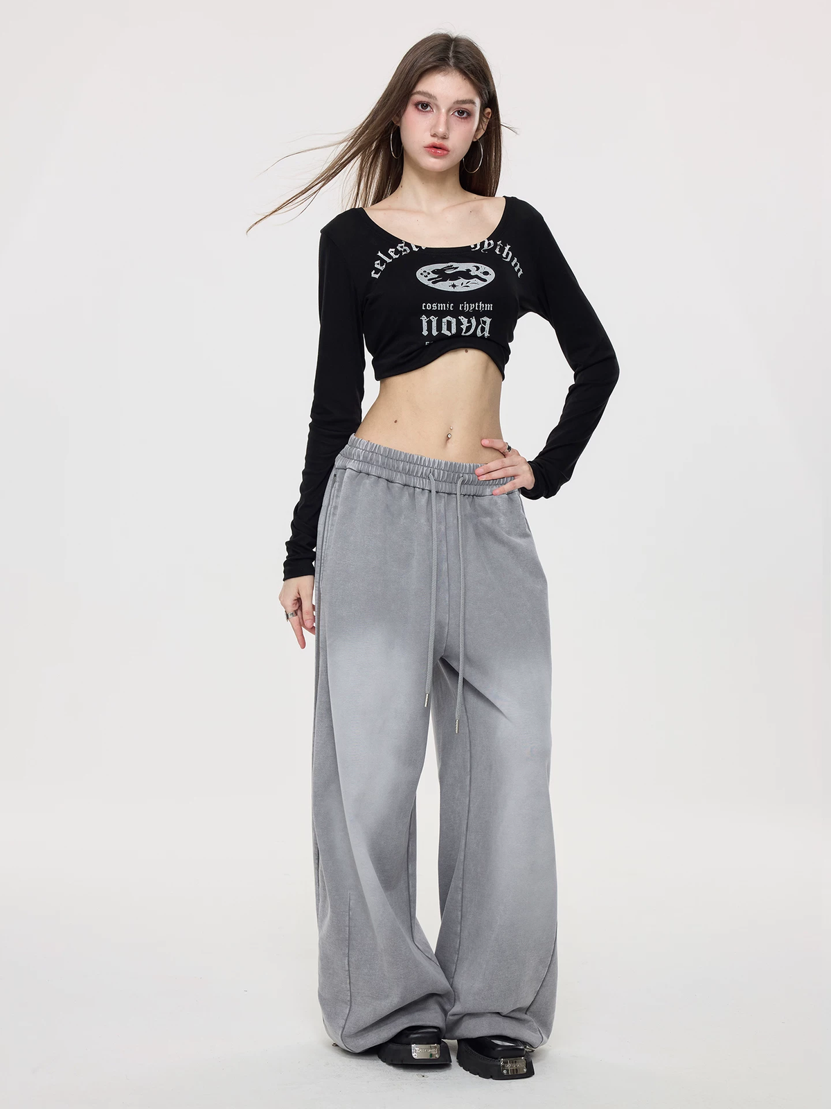 Nova Street Washed Grey Wide Leg Sweatpants
