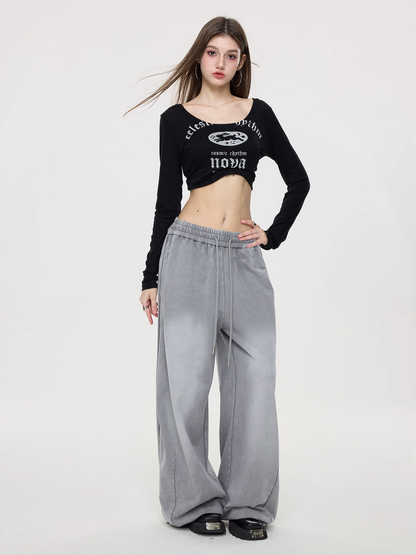 Nova Street Washed Grey Wide Leg Sweatpants