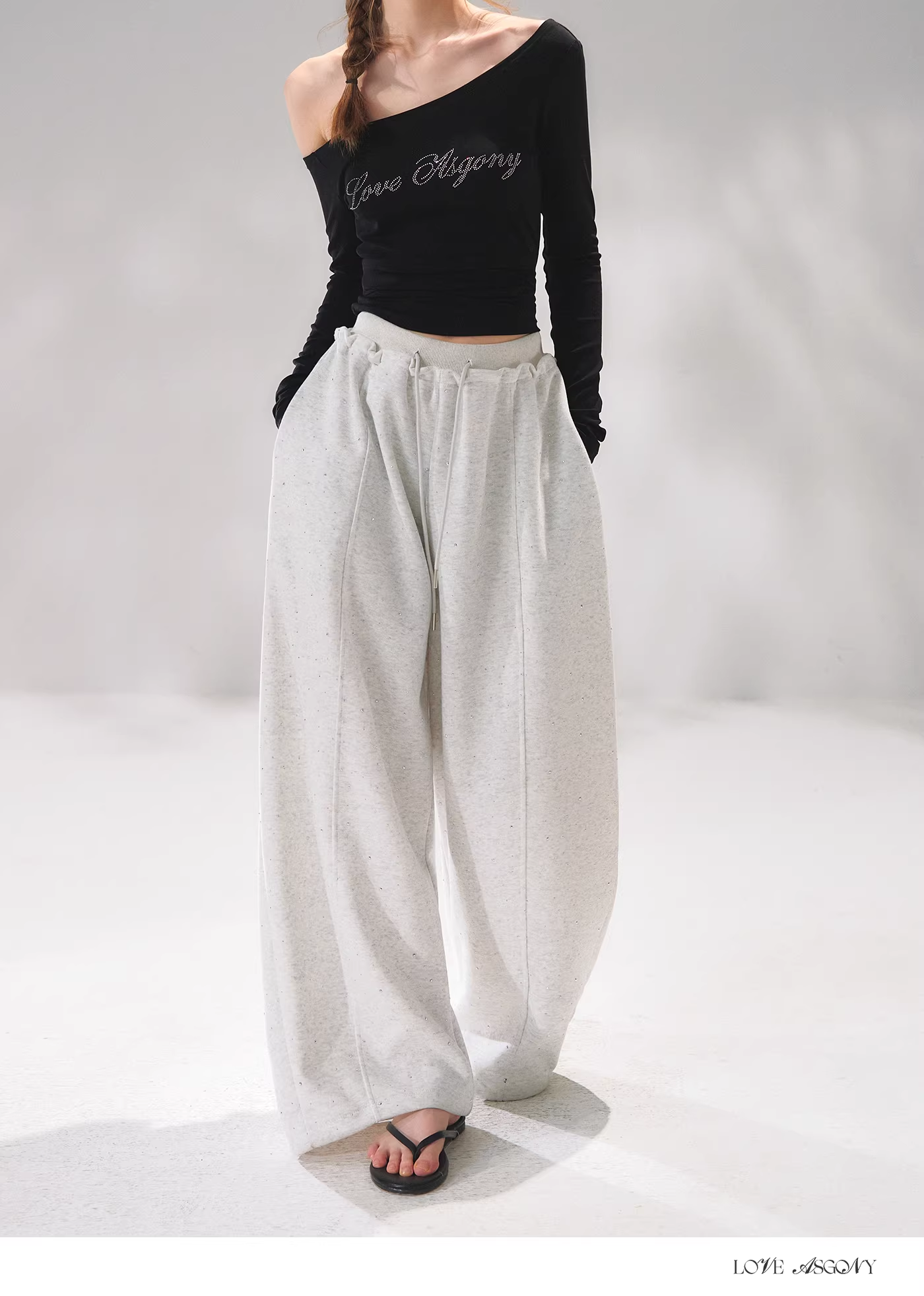 AsGony ASG26049 Hot-stamped diamond drawstring elastic waistband cargo pants