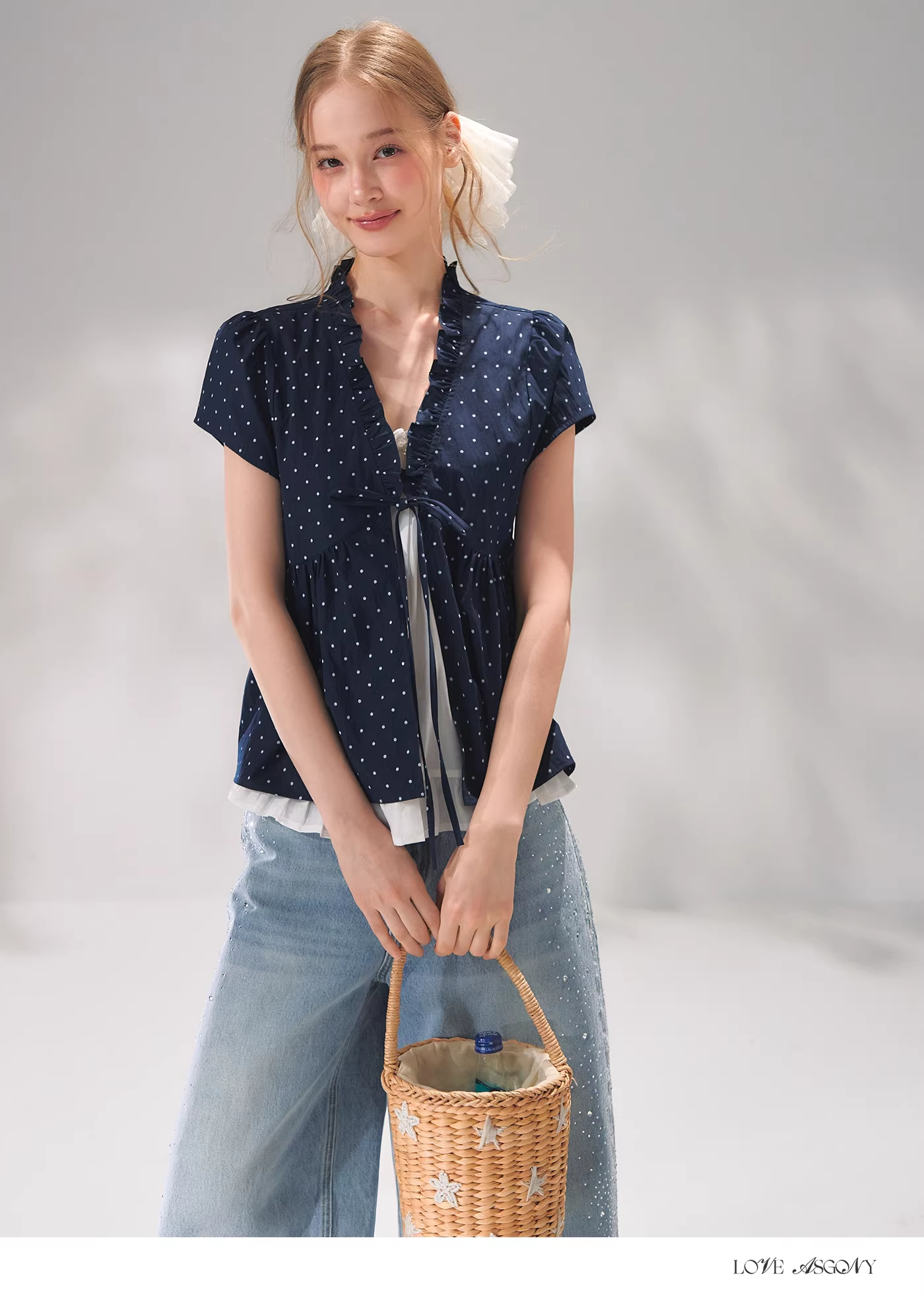 AsGony ASG26055 Fake two piece polka dot short sleeved shirt
