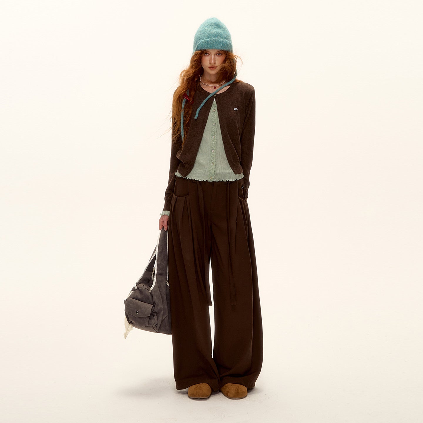 AsGony ASG25409 Contrasting color split knit cardigan