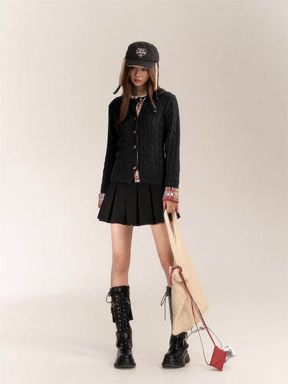 AsGony ASG24645 Embroidered plaid patchwork knitted coat