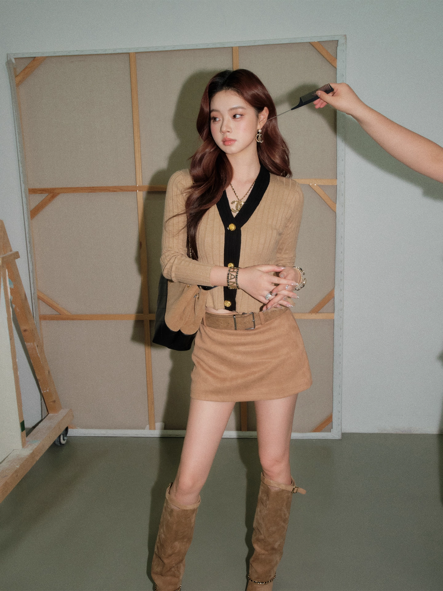 OLIVIA DUO DSY25391 Khaki Color-Block Trim Knit Top