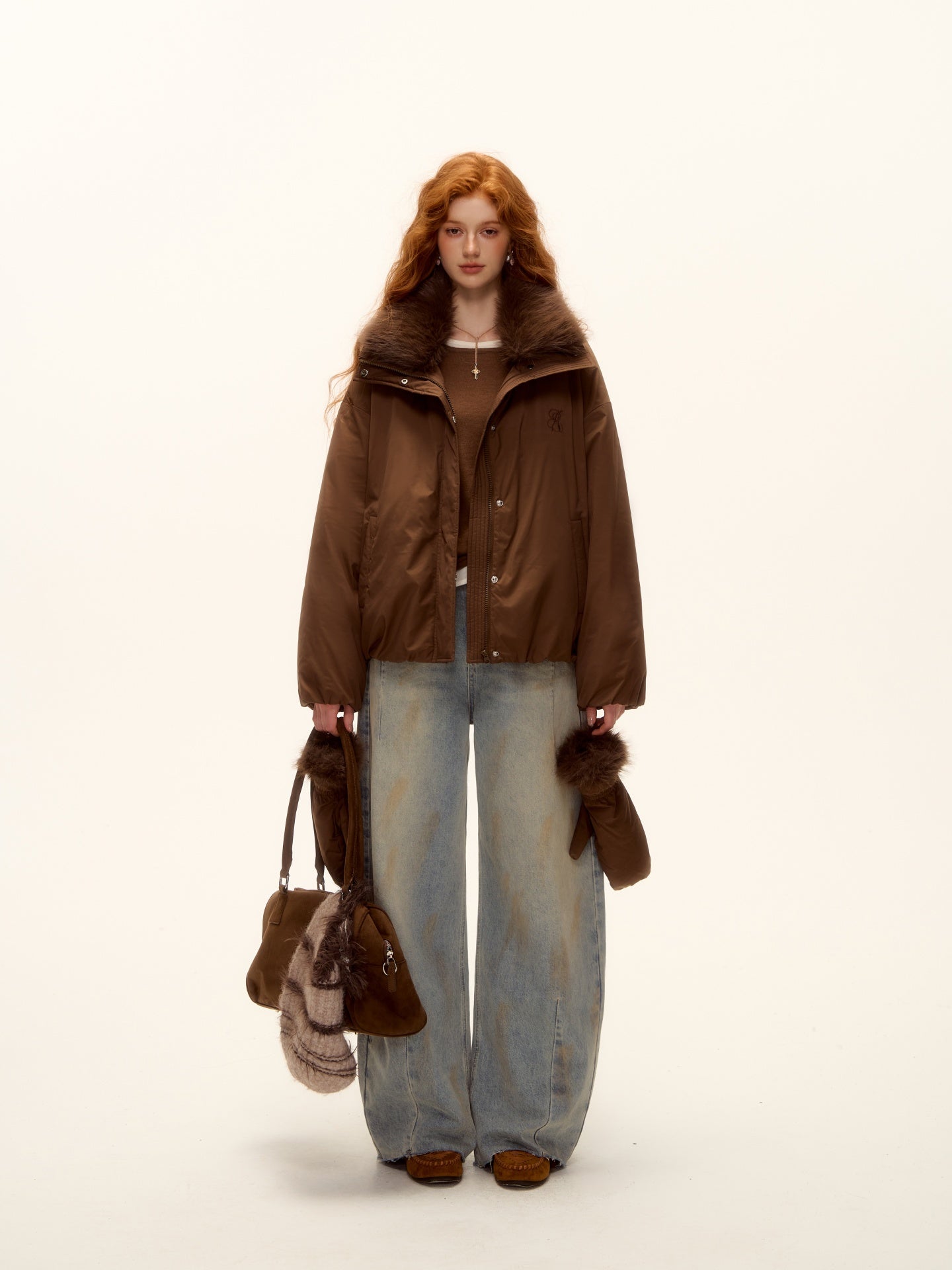 AsGony ASG25502 Detachable fur collar short down jacket