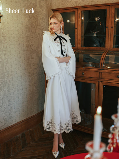 SHEERLUCK SLTZ25408 Vintage stand collar lace suit jacket + skirt set
