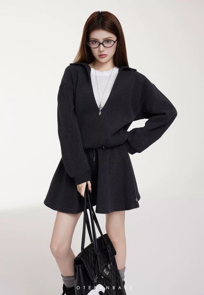 OTEBANBASS Deep Grey V-Neck Two-Piece Outfit Set