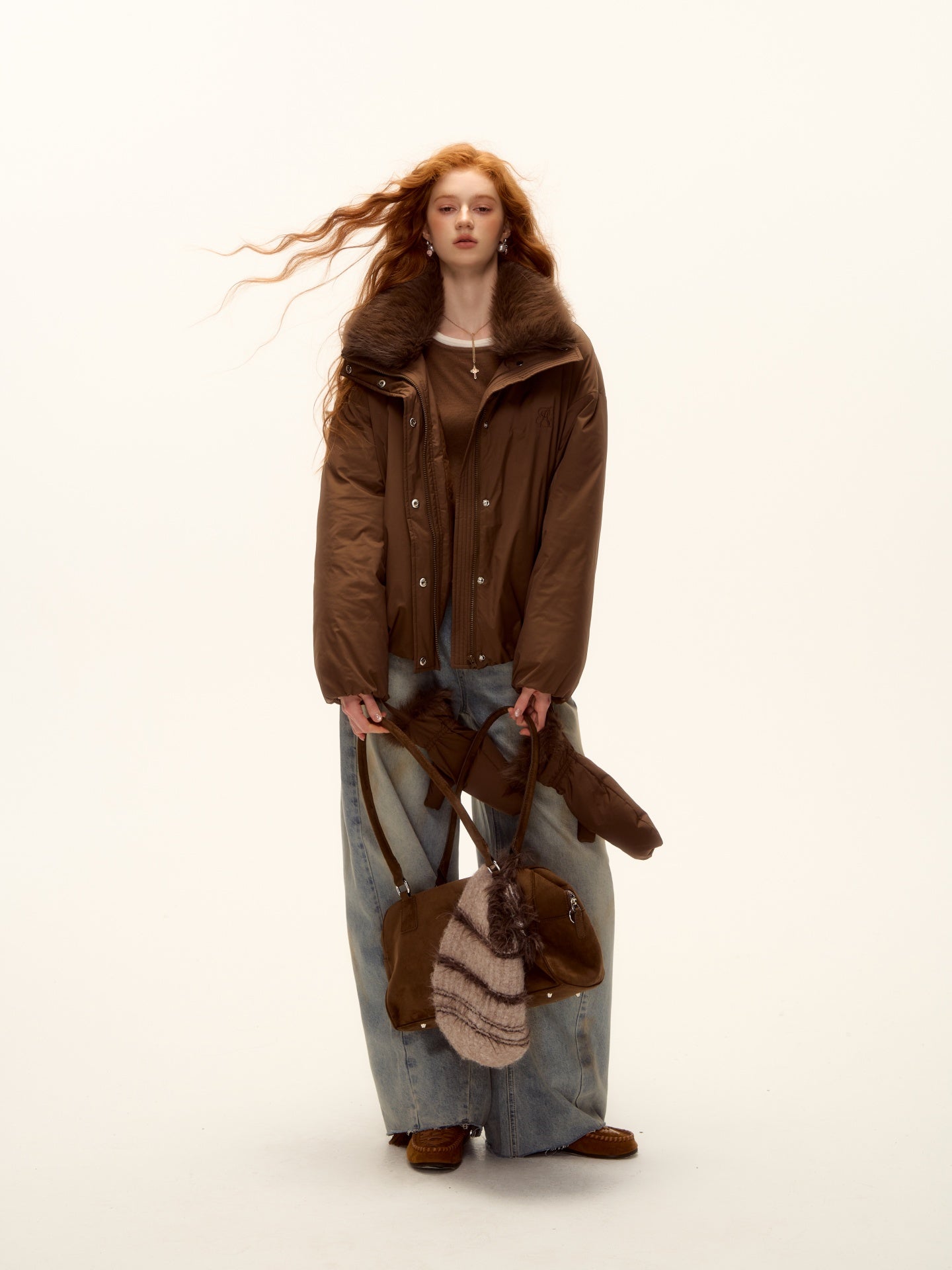 AsGony ASG25502 Detachable fur collar short down jacket