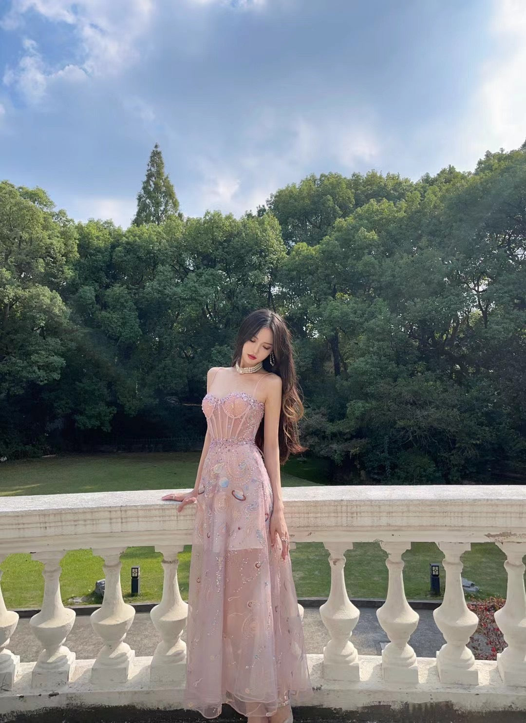 Pre Party pink starry sky midi dress