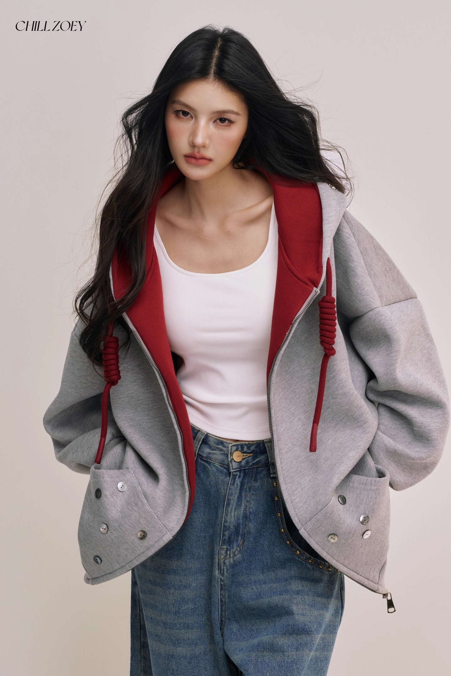 Chill Zoey M690292 Oversized Color-Block Hoodie in Red and Gray