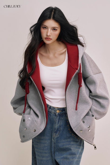Chill Zoey M690292 Oversized Color-Block Hoodie in Red and Gray