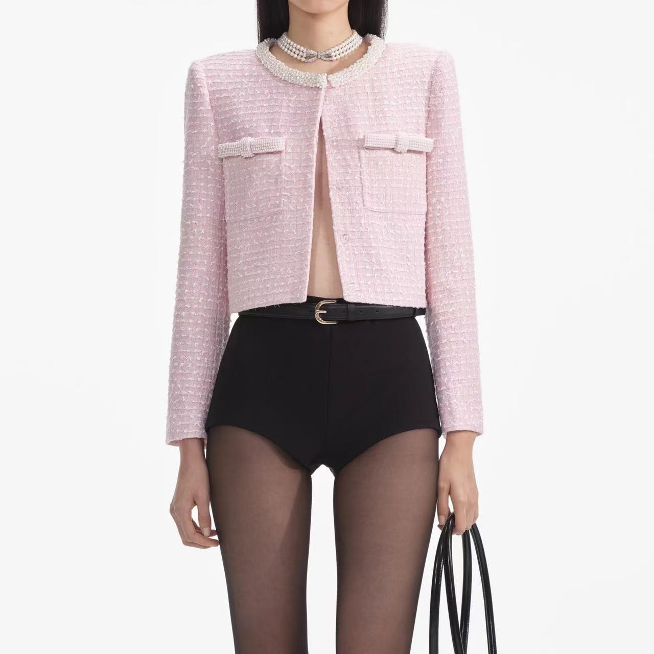 Self-Portrait PINK BOUCLE PEARL TRIM JACKET