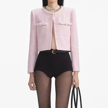 Self-Portrait PINK BOUCLE PEARL TRIM JACKET