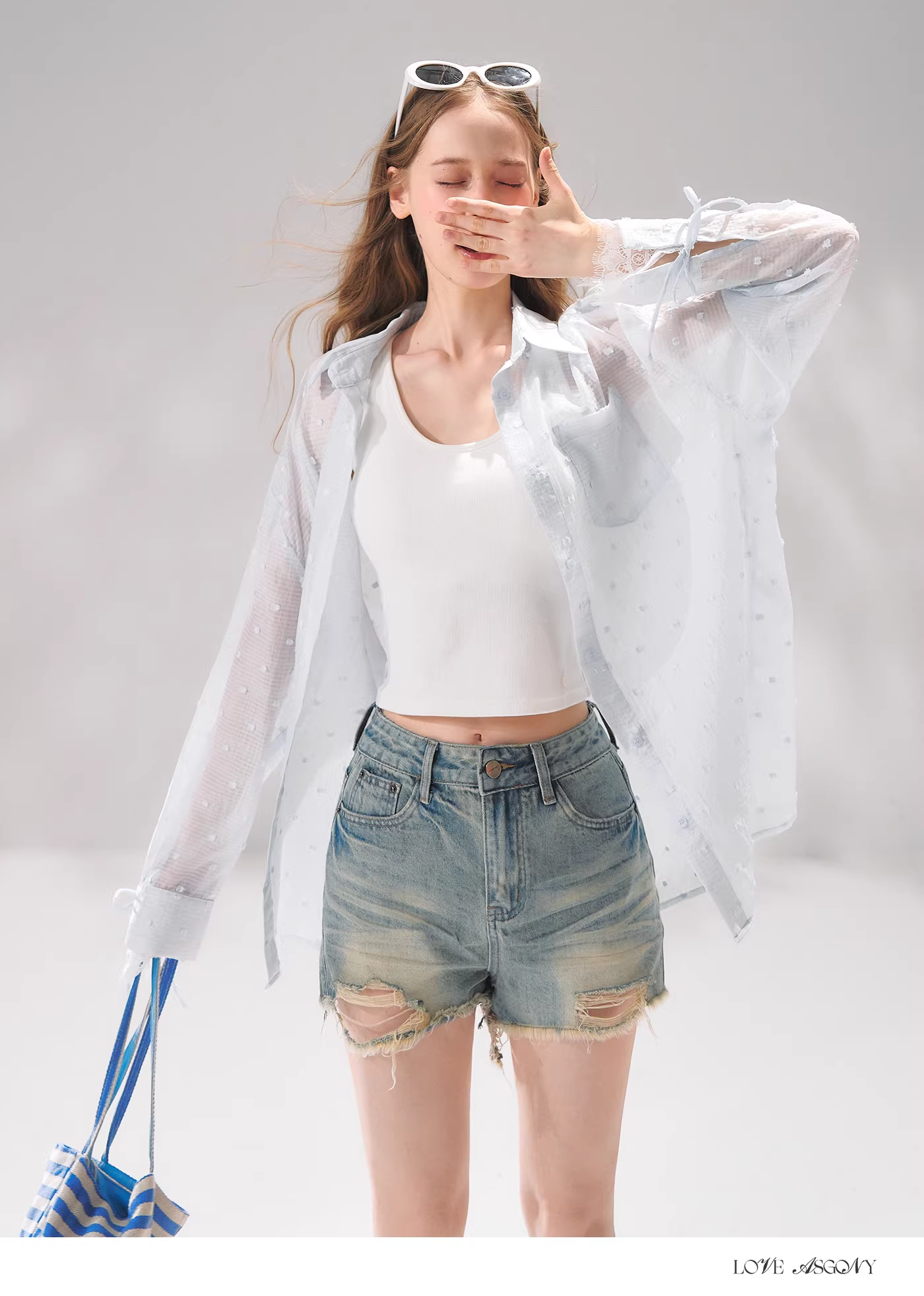 AsGony ASG26058 Polka dot jacquard lace patchwork shirt
