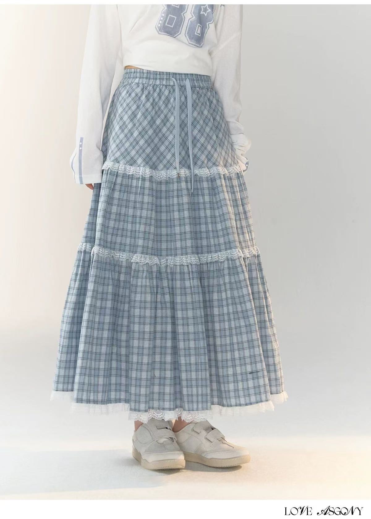 AsGony ASG24722 ASG24723 Slanted shoulder hoodie + Plaid skirt