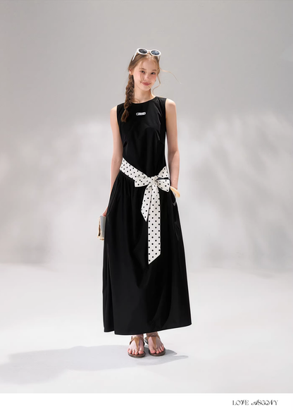 AsGony ASG26104 Sleeveless polka dot tie flower bud dress