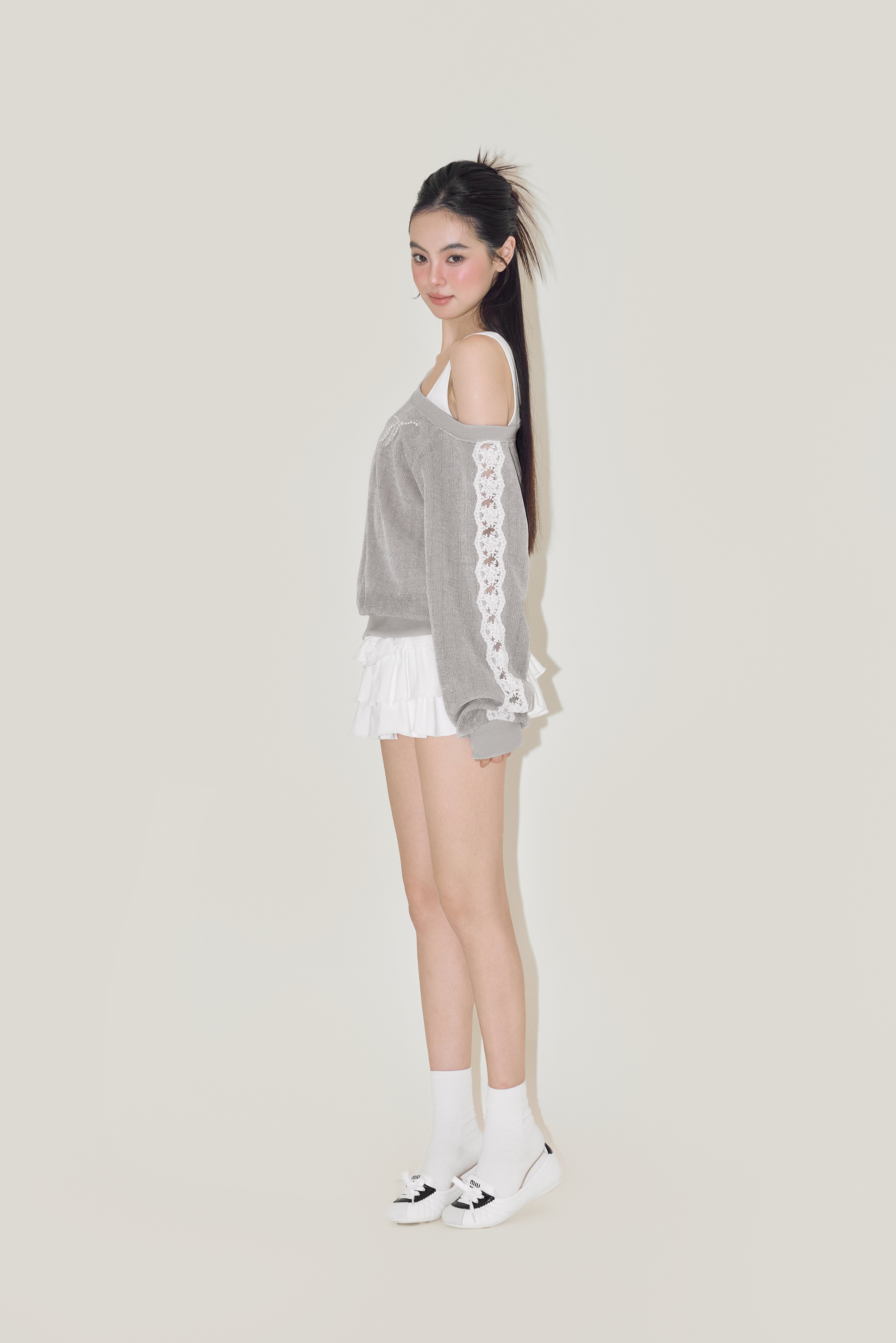 NOMEANSNO Lace Grey One-shoulder Hoodie