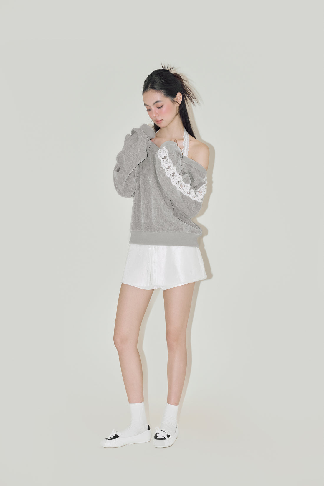 NOMEANSNO Lace Grey One-shoulder Hoodie