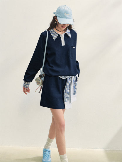 AsGony ASG25307&amp;ASG25308 Checkered shirt patchwork hoodie + skirt set