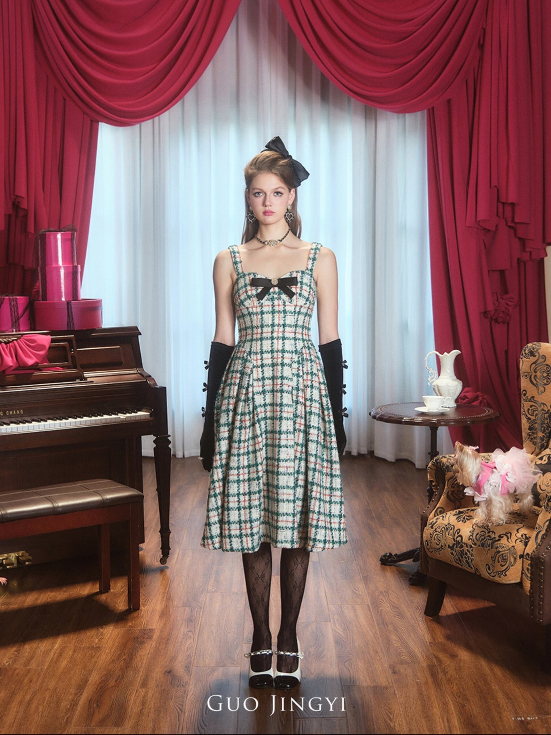 GUO JINGYI green grid suspenders dress