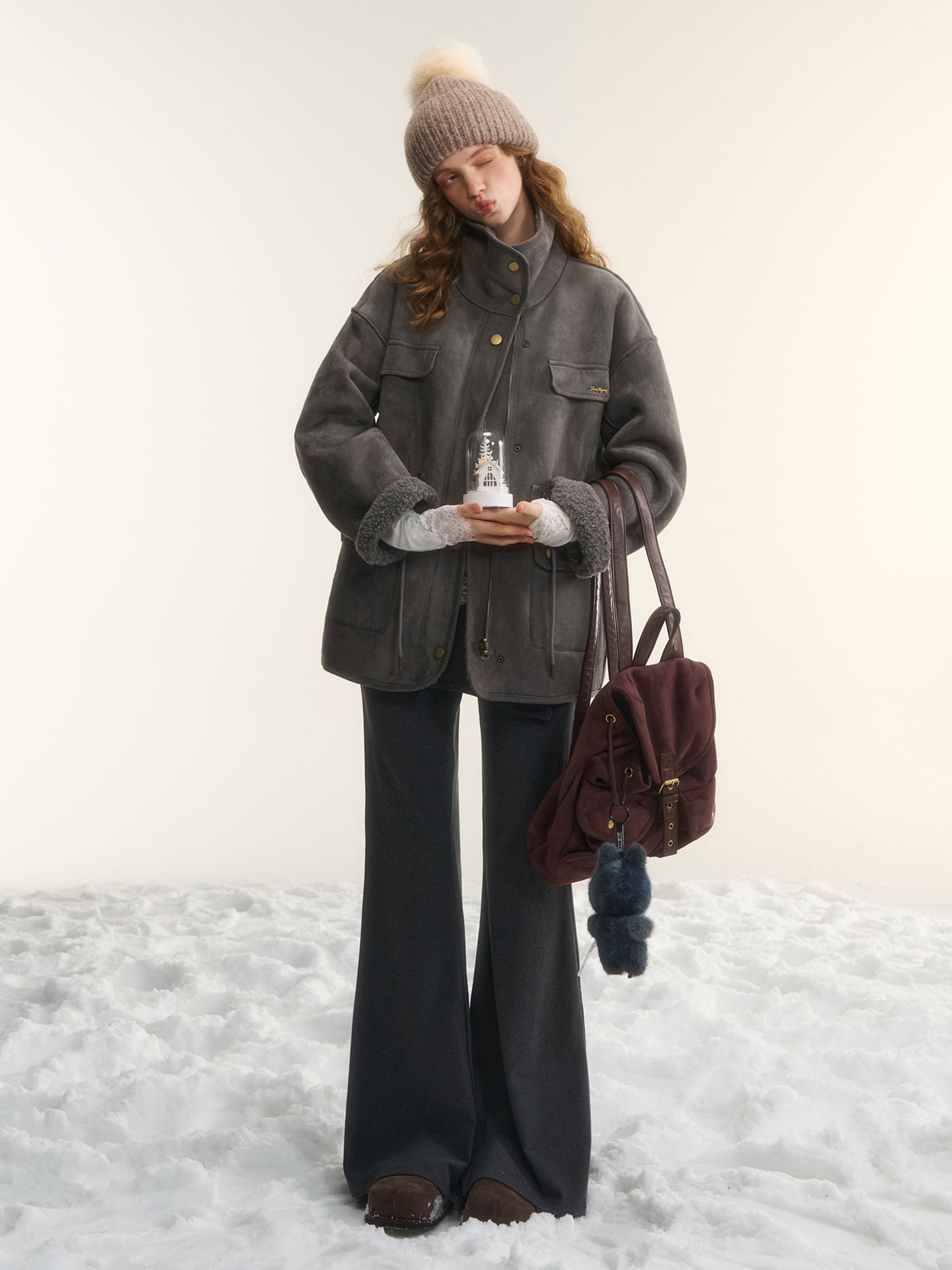 AsGony ASG25562 Irregular fake two pieces of micro flared knitted pants