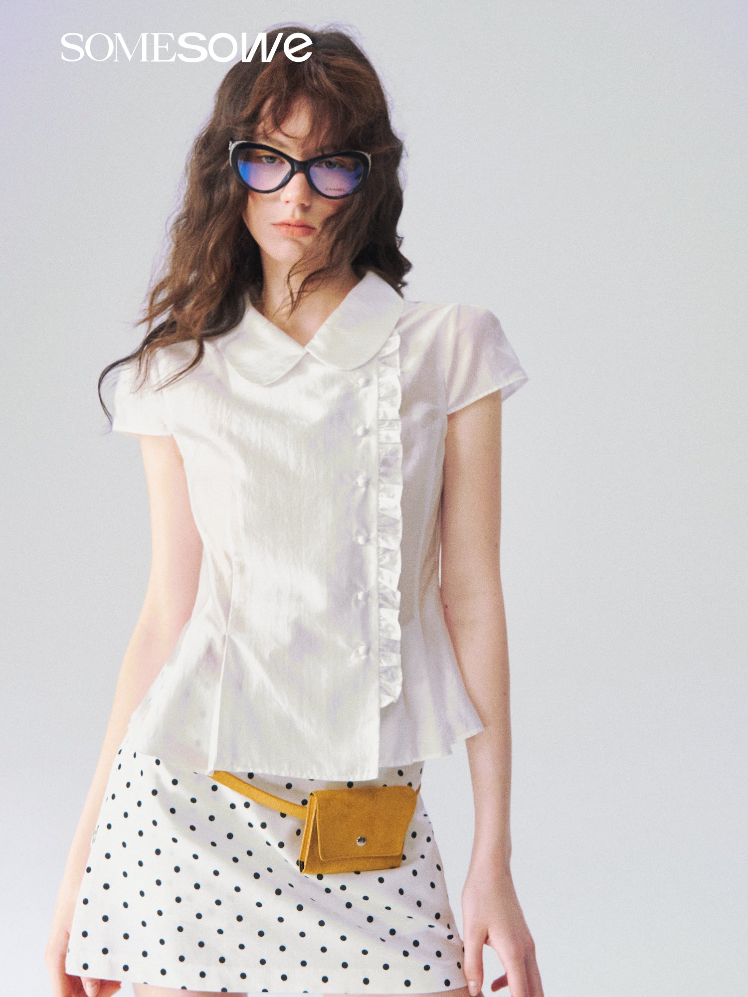 SOMESOWE S2609093 Baby collar slanted placket waist cinched shirt