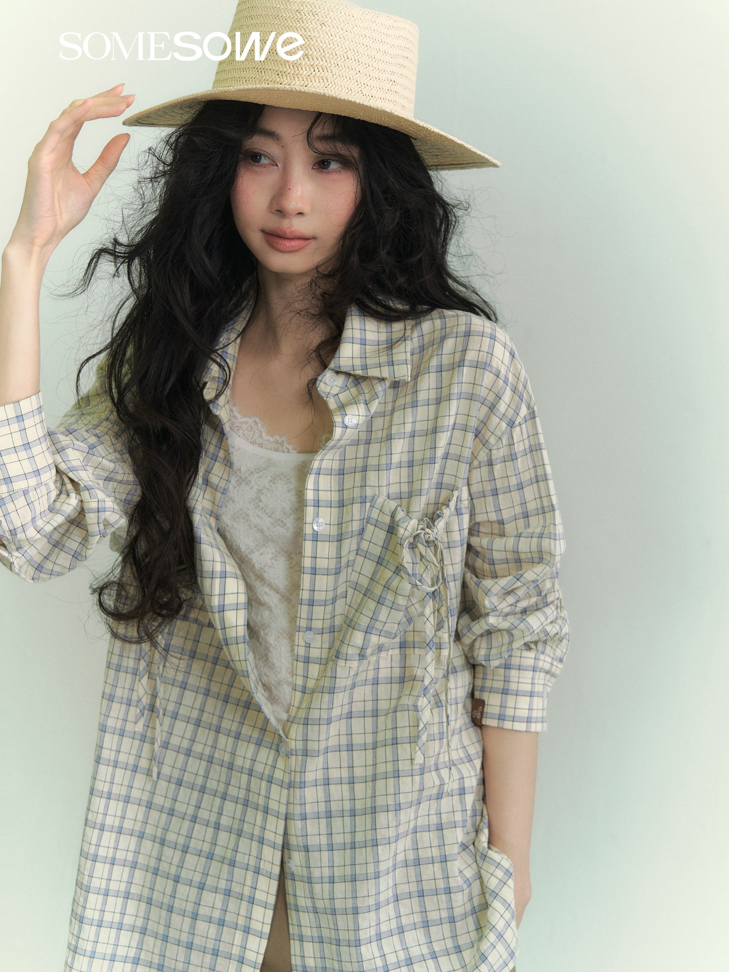 SOMESOWE S2609071 Drawstring pocket plaid shirt