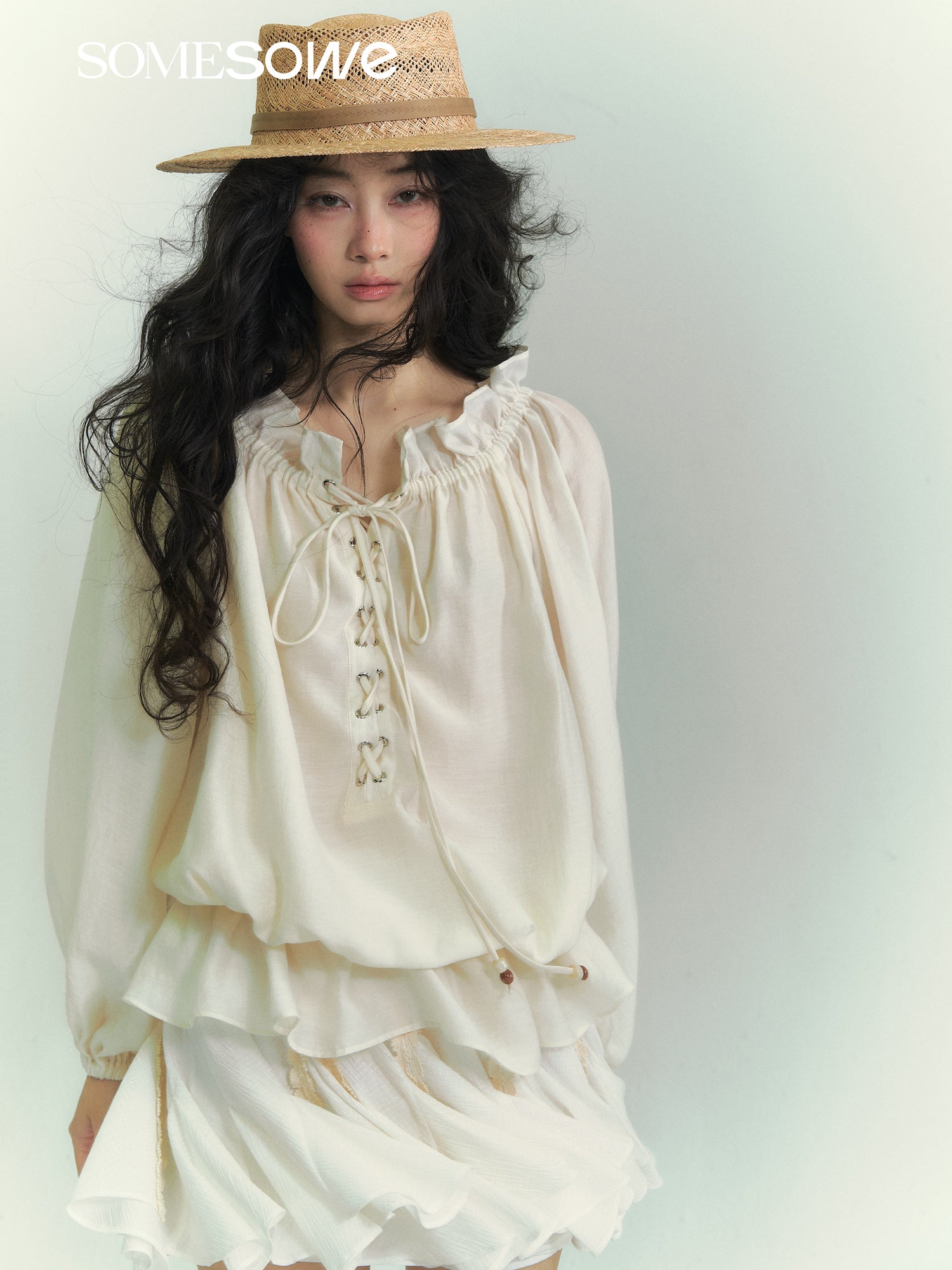 SOMESOWE S2609049 Off collar tied lantern sleeve shirt