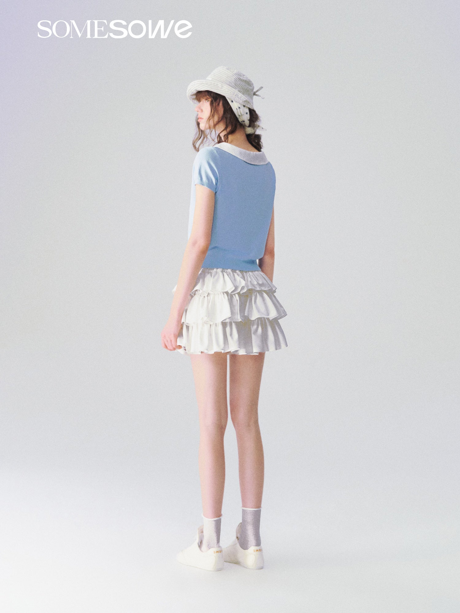 SOMESOWE S2609097 Doll collar patchwork knitted short sleeved shirt