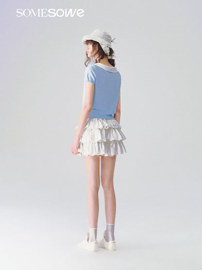 SOMESOWE S2609097 Doll collar patchwork knitted short sleeved shirt