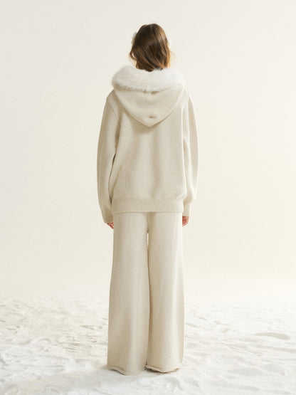 16DEWS 16D25555&amp;16D25556 Cleanfit detachable fur collar hooded knitted cardigan + pants set