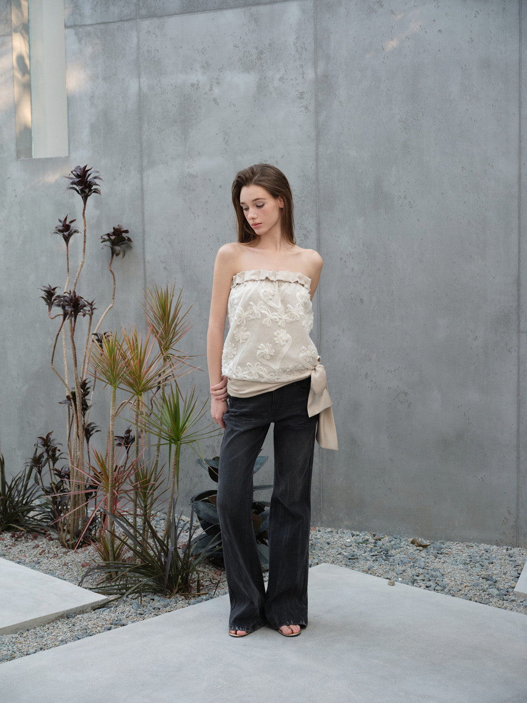 NONCESTNON N293 Satin patchwork lace strapless top