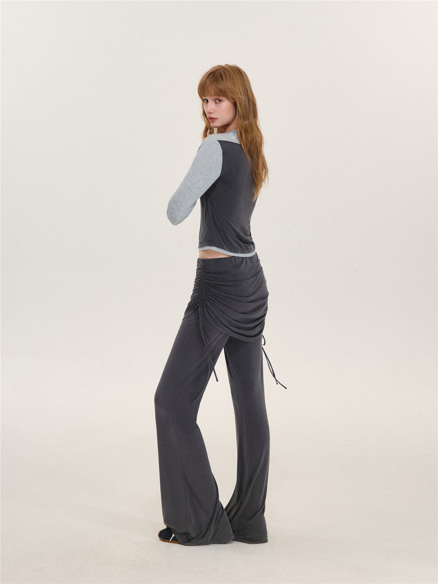 Asgony ASG26573 &amp; ASG26574 Faux Layered Long-Sleeve Top &amp; Flared Trousers with Overskirt