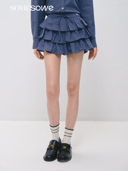 SOMESOWE S2509029&amp;S2509030 Plaid ruffled silhouette short shirt + skirt