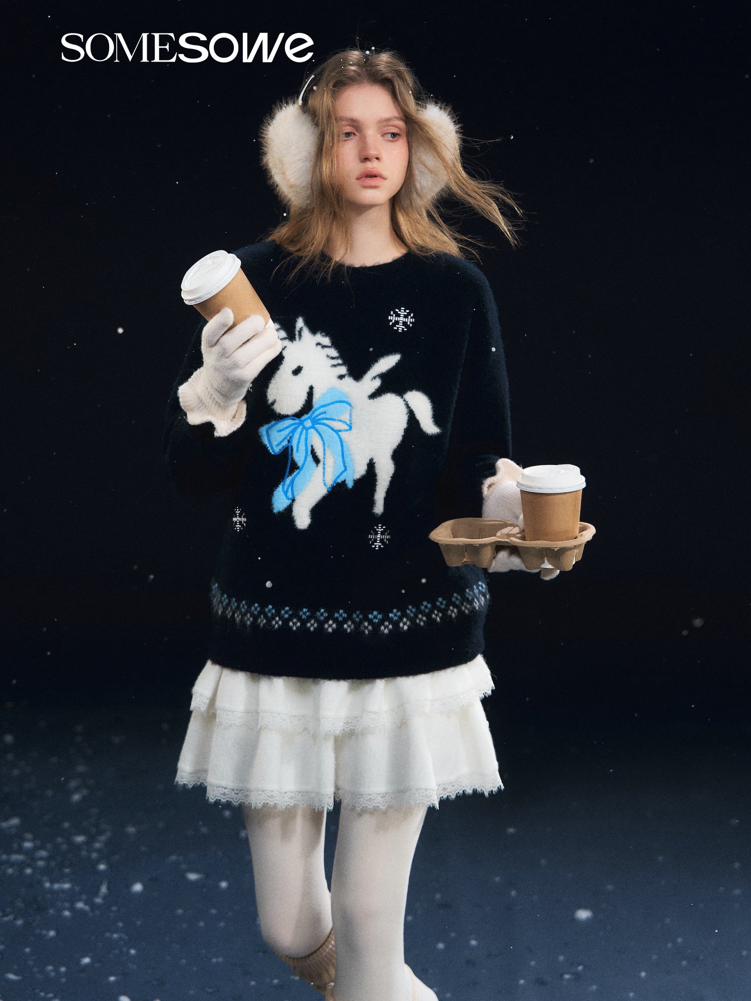 SOMESOWE S2508313 Snowflake Pony Soft Round Neck Sweater